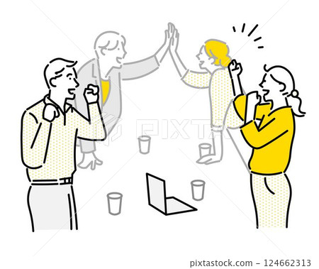 A team of men and women doing high-fiving - Negotiations concluded - Contract - Success - Business people vector illustration 124662313