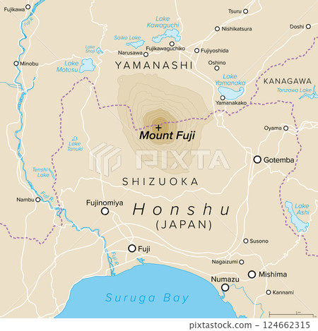 Mount Fuji and vicinity, political map. Fujisan, highest mountain in Japan, and active stratovolcano, located on the Japanese island of Honshu, on the boundary of Shizuoka and Yamanashi prefectures. 124662315