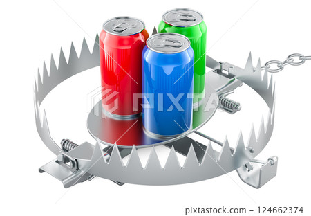 Colored metallic drink cans in bear trap. Sugar, caffeine or alcohol dependence, concept. 3D rendering Colored metallic drink cans in bear trap. Sugar, caffeine or alcohol dependence, concept. 3D rendering 124662374