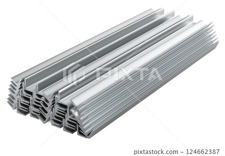 Stack of Stainless Steel Angle Bars, rolled metal. 3D rendering 124662387