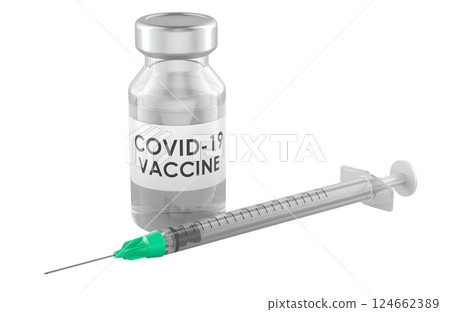 Vaccine from coronavirus COVID-19 with syringe, 3D rendering Vaccine from coronavirus COVID-19 with syringe, 3D rendering 124662389