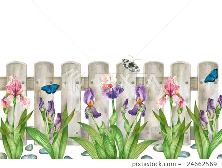 Blooming garden, watercolor border of irises, buds with green leaves, decorative fence. All objects are hand-drawn with watercolors. Flower arrangement of irises is suitable for printing. Blooming garden, watercolor border of irises, buds with green leaves, decorative fence. All objects are hand-drawn with watercolors. Flower arrangement of irises is suitable for printing. 124662569