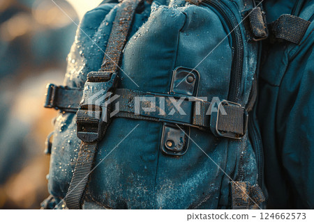 Plastic buckle securely fastened on backpack strap 124662573