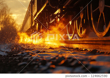 Train wheels on railway tracks at sunset perspective 124662590