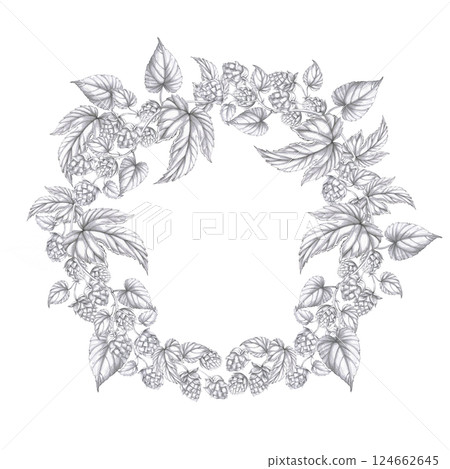 Wreath of hop branches. Isolated pencil illustration for pub design, labels, menus, cookbooks, signs. 124662645