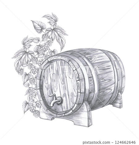 Wooden barrel with tap on the background of hop branch. Isolated pencil illustration for pub design, menu, cookbooks, signs. 124662646