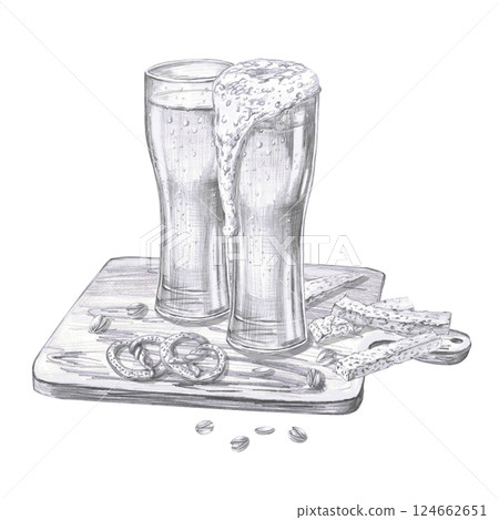Two tall glasses of foamy beer on a wooden board with pretzels and crackers. Isolated pencil illustration for pub design, menus, cookbooks, signs Two tall glasses of foamy beer on a wooden board with pretzels and crackers. Isolated pencil illustration for pub design, menus, cookbooks, signs 124662651