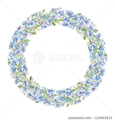 41. Round frame with delicate blue flowers. Isolated watercolor illustration of garden flowers for design of cosmetic products, printing on posters, clothes 41. Round frame with delicate blue flowers. Isolated watercolor illustration of garden flowers for design of cosmetic products, printing on posters, clothes 124662653