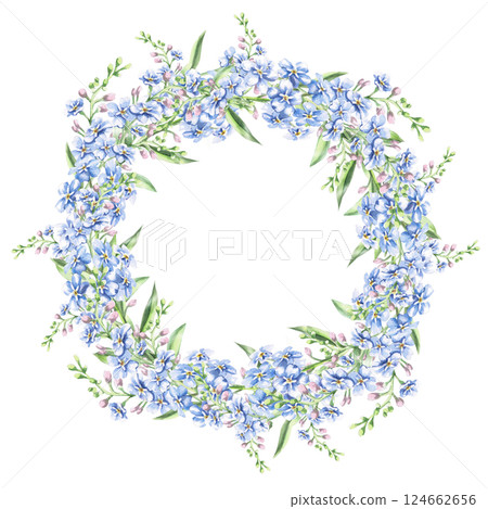 Round frame with forget-me-not flowers. Isolated watercolor illustration of garden flowers for design of cosmetic products, printing on posters, clothes. Round frame with forget-me-not flowers. Isolated watercolor illustration of garden flowers for design of cosmetic products, printing on posters, clothes. 124662656
