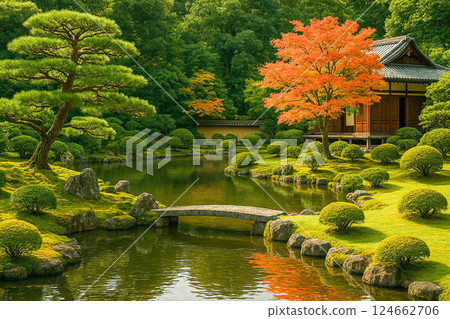 日式庭園的秋天：秋葉與池塘的寧靜景觀 124662706