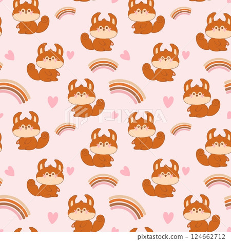 Seamless pattern with kawaii squirrel, rainbow and hearts. Cute wild forest animal on pink background. Adorable character cartoon vector illustration for textile, fabric, packing, print, baby clothing Seamless pattern with kawaii squirrel, rainbow and hearts. Cute wild forest animal on pink background. Adorable character cartoon vector illustration for textile, fabric, packing, print, baby clothing 124662712