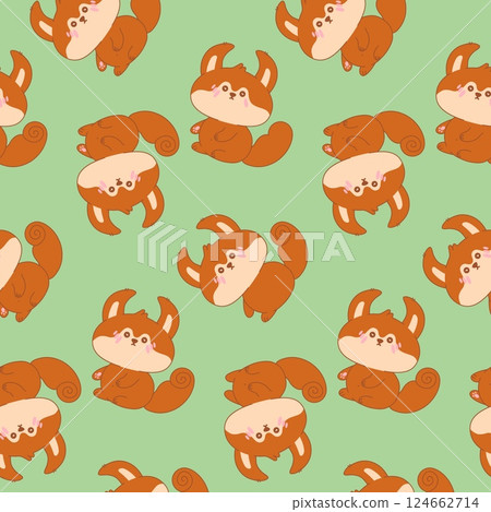 Seamless pattern with kawaii squirrel on green background. Cute wild forest animal. Adorable character cartoon vector illustration for textile, fabric, packing, gift print, baby clothing 124662714