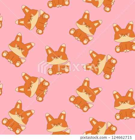 Seamless pattern with cute fox on pink background. Kawaii wild forest animal. Adorable character cartoon vector illustration for textile, fabric, packing, gift print, baby clothing 124662715