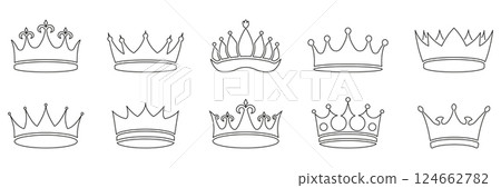 Crown Outline Icon Set. Royalty, Leadership, And Authority Symbol Collection. Elegant And Regal Design Elements. Editable Stroke. Isolated Vector Illustration 124662782