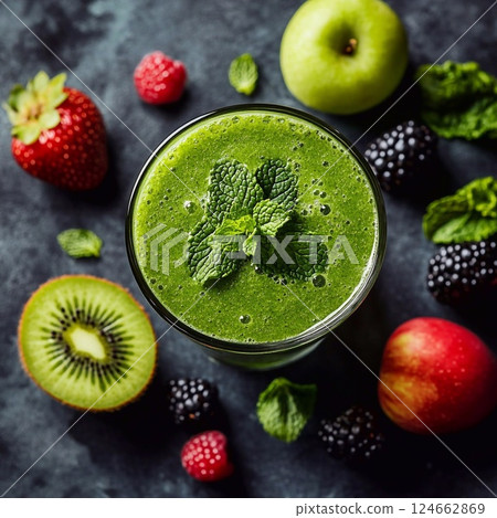 Green smoothie in a glass with apple, raspberry, blackberry and kiwi on a dark background. The drink is garnished with mint leaves and berries. Generative AI 124662869