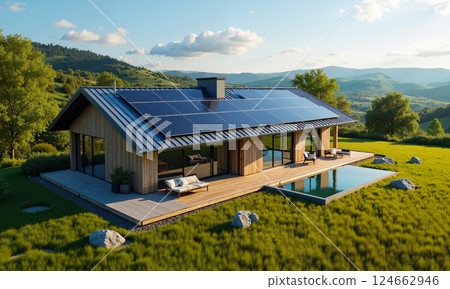 Aerial View of a Modern Wooden Eco House with Solar Panels in a Green Landscape Aerial View of a Modern Wooden Eco House with Solar Panels in a Green Landscape 124662946