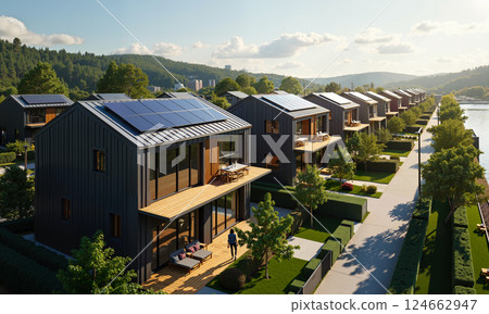 Aerial View of Eco-Friendly Wooden Houses with Solar Panels by the River 124662947