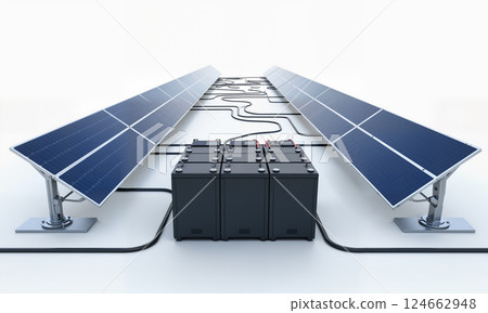 Solar Panels and Batteries for Renewable Energy Storage on White Background Solar Panels and Batteries for Renewable Energy Storage on White Background 124662948