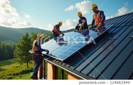 The installation of solar panels on contemporary rooftops is gaining significant attention 124662949