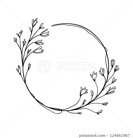 Elegant Floral Round Frame. A graceful round frame decorated with delicate branches and floral elements. Elegant Floral Round Frame. A graceful round frame decorated with delicate branches and floral elements. 124662967