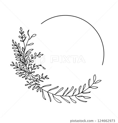 Botanical Laurel Wreath. Black and white outline laurel wreath and branches forming an elegant natural frame. 124662973