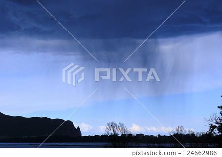 Rain falling from dark clouds over cityscape and lake 124662986