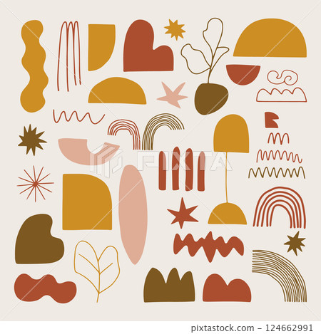 Boho Abstract Shapes and Elements. A trendy collection of hand-drawn abstract boho-style shapes, featuring earthy tones and organic elements. 124662991
