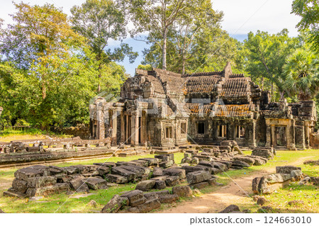 Forgotten in jungles ancient hindu Banteay Kdei khmer ruined temple decorated with statues, Angkor Archaeological Park, Siem Reap, Cambodia 124663010