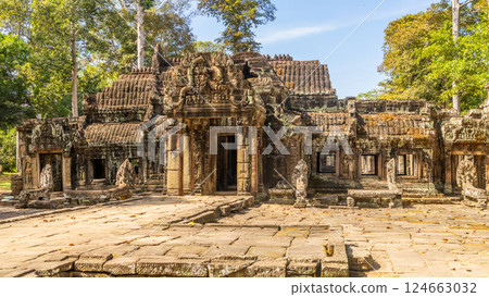 Forgotten in jungles ancient hindu Banteay Kdei khmer ruined temple decorated with statues, Angkor Archaeological Park, Siem Reap, Cambodia 124663032