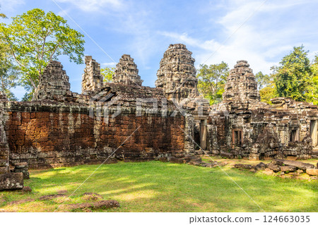 Forgotten in jungles ancient hindu Banteay Kdei khmer ruined temple ruins, Angkor Archaeological Park, Siem Reap, Cambodia 124663035