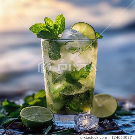: A refreshing mojito with lime, mint, and ice against a sea view. Generative AI : A refreshing mojito with lime, mint, and ice against a sea view. Generative AI 124663057