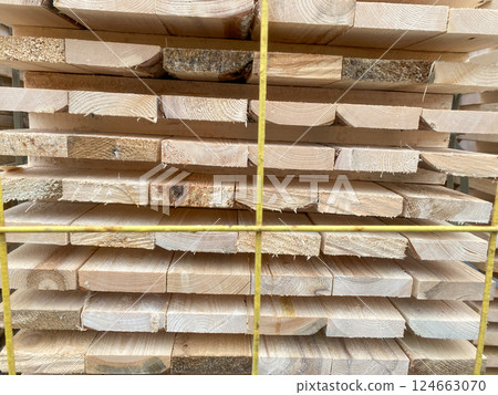 Close-up stack of wooden planks stacked in one place for construction, wooden planks 124663070