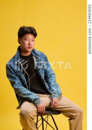 Stylish young man sitting on chair in denim jacket and beige pants with confident gaze. Concept of fashion, self-expression Stylish young man sitting on chair in denim jacket and beige pants with confident gaze. Concept of fashion, self-expression 124663092