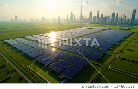 An Aerial View of a Vast Solar Panel Farm Nestled Against a Vibrant City Skyline Nearby 124663158
