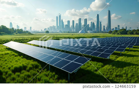 Solar Panels Set Against a Beautiful Urban Skyline with a Stunning City Background 124663159