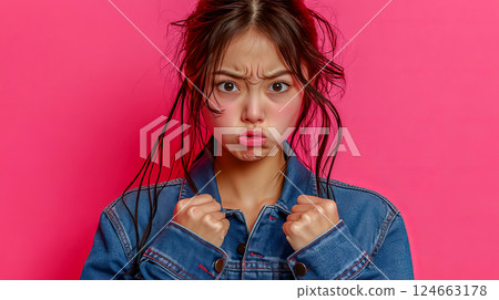 The Asian-looking girl is wearing a denim jacket, her cheeks puffed up in annoyance and her hands clenched into fists 124663178