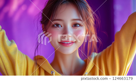 A happy Asian-looking girl dressed in a yellow hoodie playfully raises her hands in delight A happy Asian-looking girl dressed in a yellow hoodie playfully raises her hands in delight 124663179
