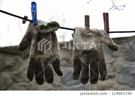 Old dirty glove on the forest ground. The left glove 124663190