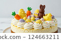 Easter cake sweets decorations. Chocolate bunny chick eggs carrots. Dessert recipe baking holiday theme. Close-up pastel colors photo 124663211