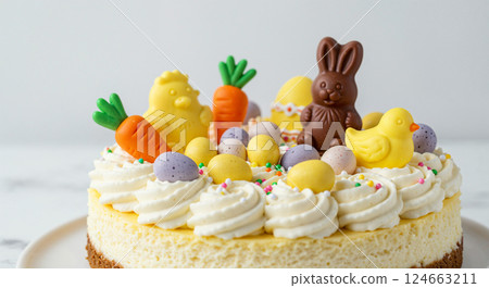 Easter cake sweets decorations. Chocolate bunny chick eggs carrots. Dessert recipe baking holiday theme. Close-up pastel colors photo Easter cake sweets decorations. Chocolate bunny chick eggs carrots. Dessert recipe baking holiday theme. Close-up pastel colors photo 124663211