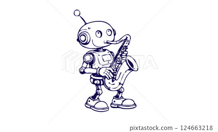 Robot plays saxophone. Cartoon character shows musical instrument. Music education, events, advertising material uses. Line art, comic style, white background 124663218