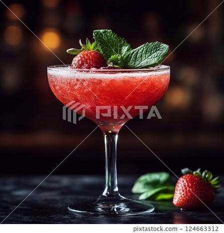 Strawberry Daiquiri with mint on a dark background. Elegant cocktail with strawberry and mint in a sophisticated glass. Generative AI 124663312