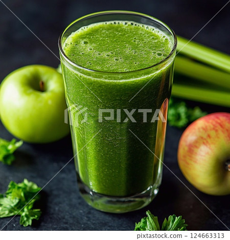 Green smoothie in a glass with apples and celery on a dark background. Generative AI 124663313