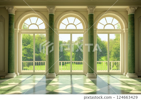 Sunlight illuminates green grand hall through large windows in palace or castle, surrounded by lush greenery 124663429