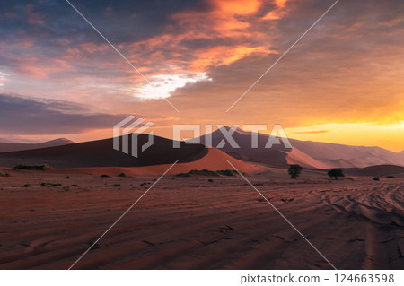 Red sand dunes and sunset sky in Namib desert Red sand dunes and sunset sky in Namib desert 124663598