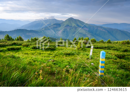 View on Ukraine and Romania state border in Carpathian mountains 124663615