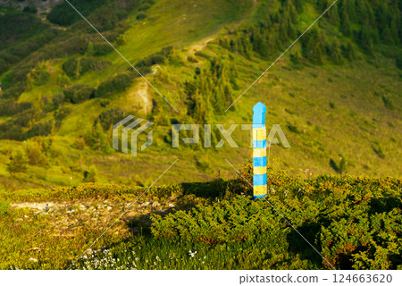 Yellow and blue border post on Ukraine and Romania state border Yellow and blue border post on Ukraine and Romania state border 124663620