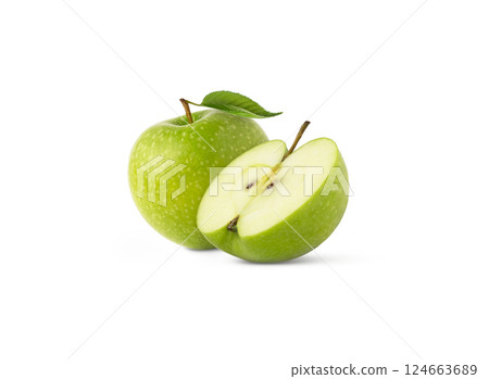 Green fresh apple with leaf and half isolated with clipping path. 124663689