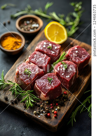 Cuts of fresh beef resting on a wooden board surrounded by spices and herbs with a slice of lemon, ready for culinary preparation at a rustic kitchen 124663735