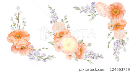 Corner Bouquets Set. Iceland Poppy, Ranunculus, Freesia and Peach or Cherry branches. Watercolor hand drawn botanical illustration of spring flowers in pastel colors isolated on a white background 124663739
